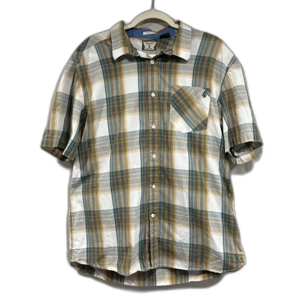 Volcom Men's Short Sleeve Plaid Button-Down Shirt in White, Green, and Tan
